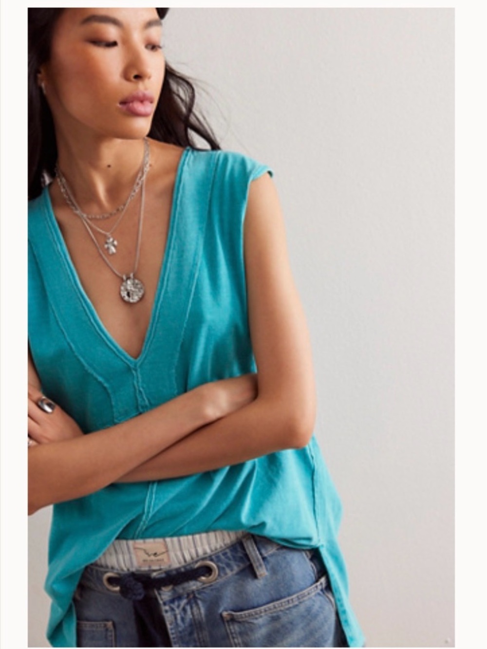 Free People Teal V-Neck Sleeveless Tank